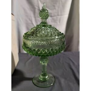 Diamond Point Green Pedestal Candy Dish With Lid Vintage Art Glass 12"